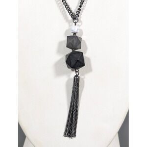 Long Gray Beaded Necklace Tassel Pendant Metallic Acrylic 32" Layering Statement